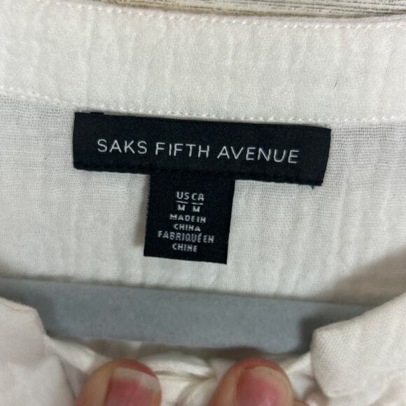 Saks Fifth Avenue Womens medium White Tie-Up Neckline Top long sleeve boho light - Picture 5 of 7